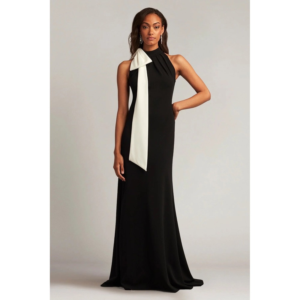 Tadashi Shoji Women's Sims Shoulder Bow Halter Gown Black Ivory XL Black Tie EUC